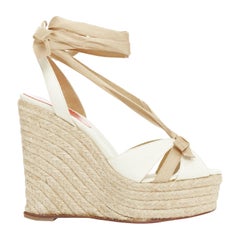 CHRISTIAN LOUBOUTIN Isabelle cream beige canvas jute bow tie wedges EU36