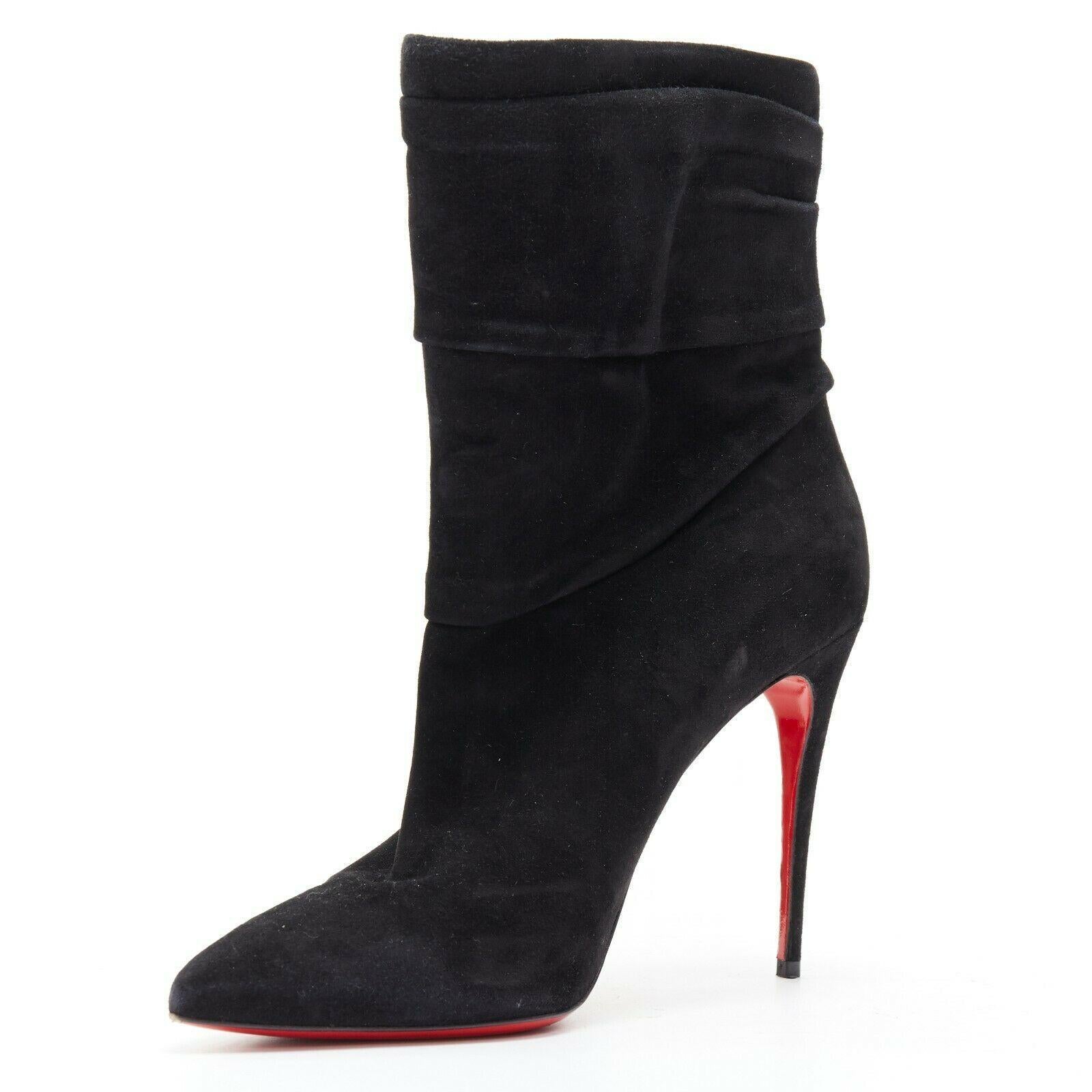 CHRISTIAN LOUBOUTIN Ishtar 100 black suede pointed toe ruched heel boot EU39 In Excellent Condition In Hong Kong, NT