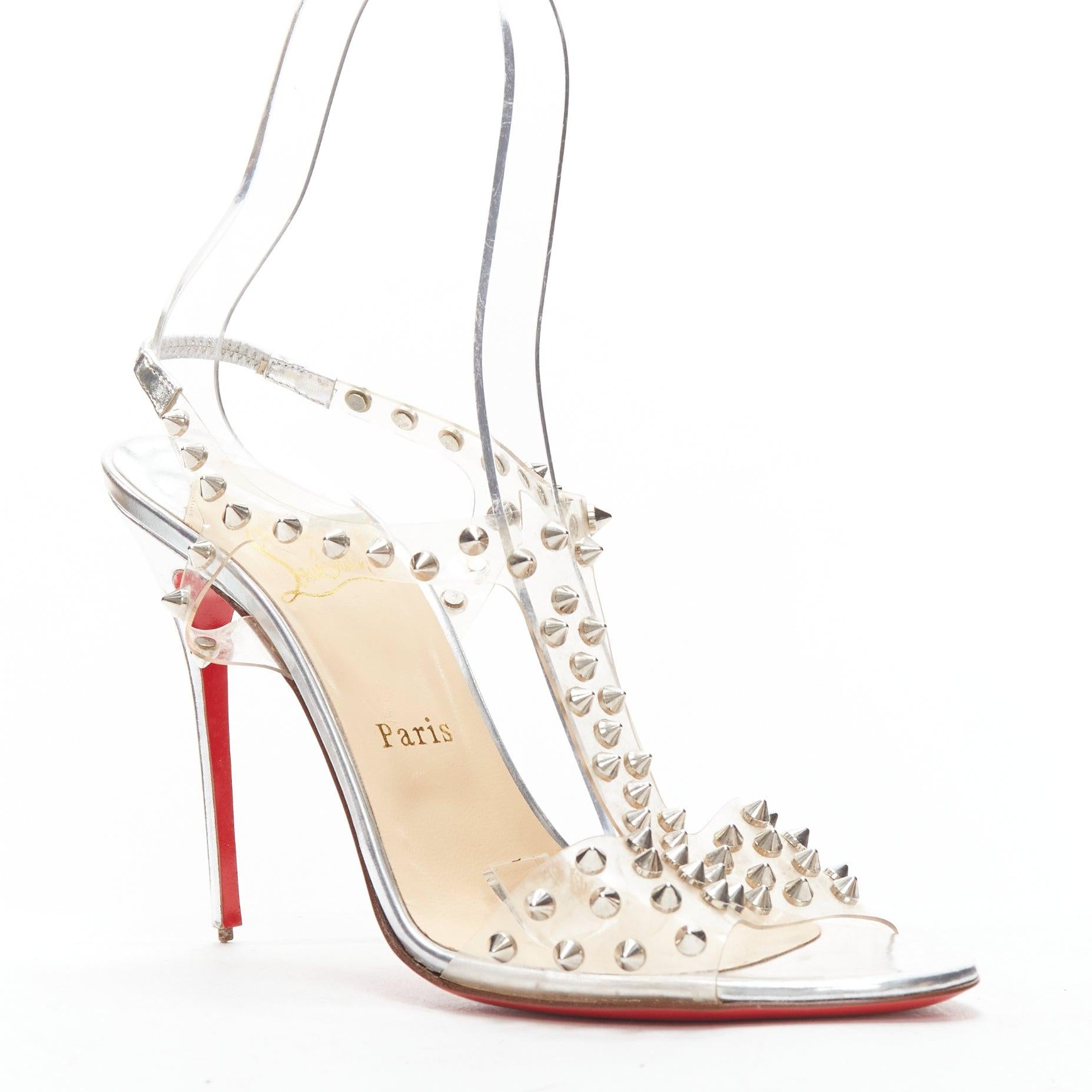 CHRISTIAN LOUBOUTIN J-Lissimo PVC silver spikes T-strap heel EU39.5
Reference: BSHW/A00154
Brand: Christian Louboutin
Model: J-Lissimo 100
Material: PVC, Leather
Color: Clear, Silver
Pattern: Solid
Closure: Elasticated
Lining: Nude Leather
Extra