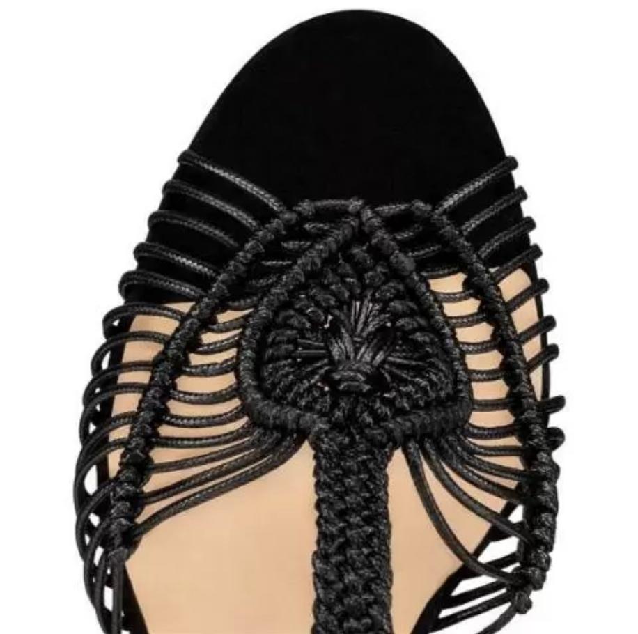 Christian Louboutin's 'Janis in Heels' sandals have been made in Italy from hand-woven macramé cotton. The sturdy platform & block heels mean you can wear them comfortably all day and reveal a flash of the iconic red soles as you walk.