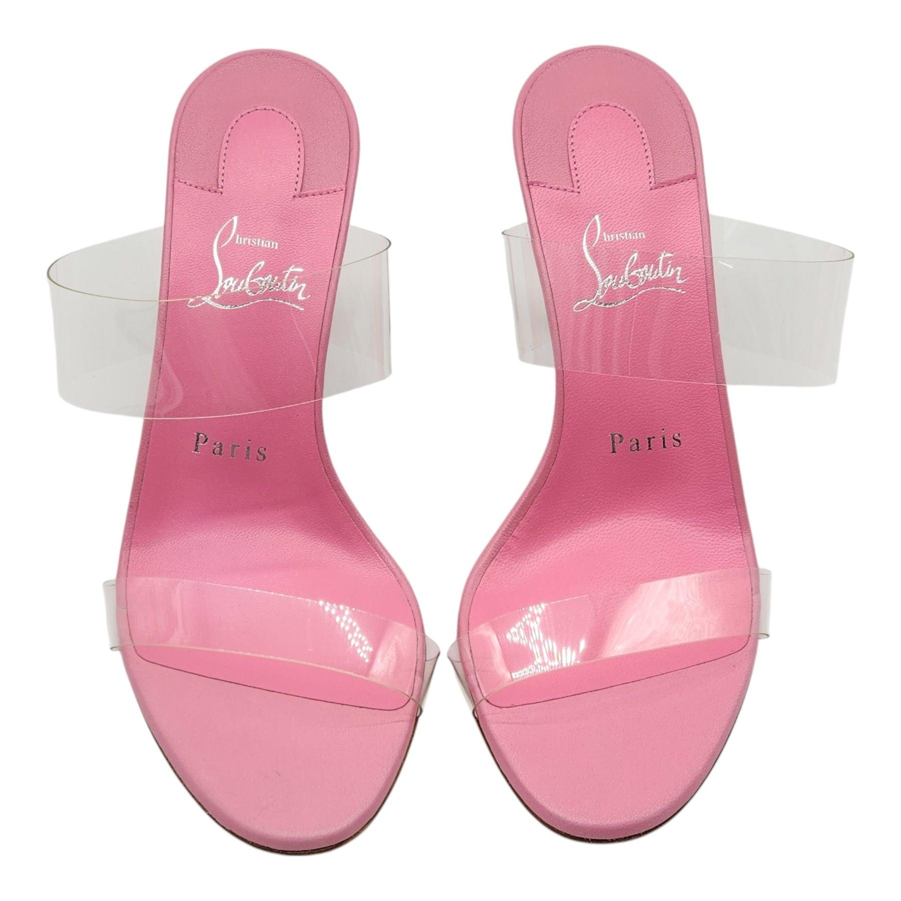 Christian Louboutin Just Nothing Sandals PVC and Leather in Pink. Signature Louboutin red leather outsole.

Additional information:
Material: Leather
Clear PVC upper
Open toe
Easy slide style
Color: Pink
Size: 6.5 US
Country: Italy
Dimension: 3.25
