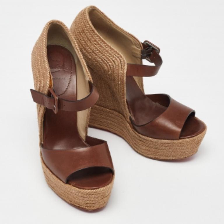 Christian Louboutin Jute Praia Wedge Espadrille Platform Strap Sandals Size 40 en vente 1