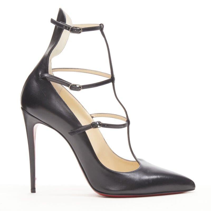 CHRISTIAN LOUBOUTIN Kadreyana 100 black caged strappy leather pump EU38
Reference: KEDG/A00200
Brand: Christian Louboutin
Model: Kadreyana 100
Material: Leather
Color: Black
Pattern: Solid
Closure: Ankle Strap
Lining:  Leather
Made in: