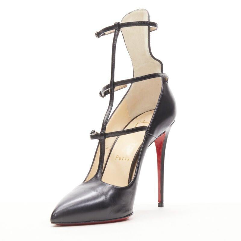 CHRISTIAN LOUBOUTIN Kadreyana 100 black caged strappy leather pump EU38 In Good Condition For Sale In Hong Kong, NT