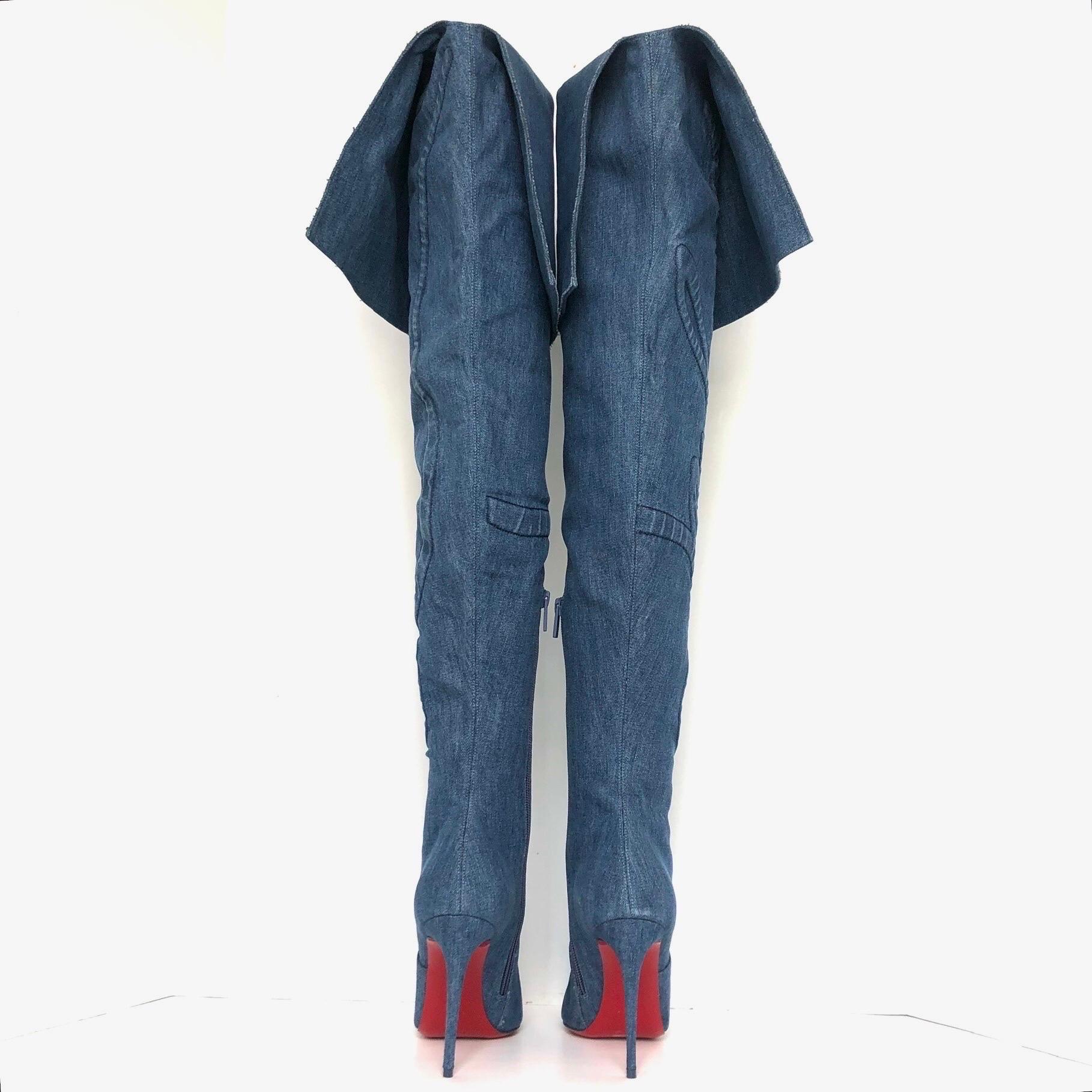 Christian Louboutin Botas vaqueras a la rodilla Kate Botta Alta Loubi Jeans 36.5 Azul en venta