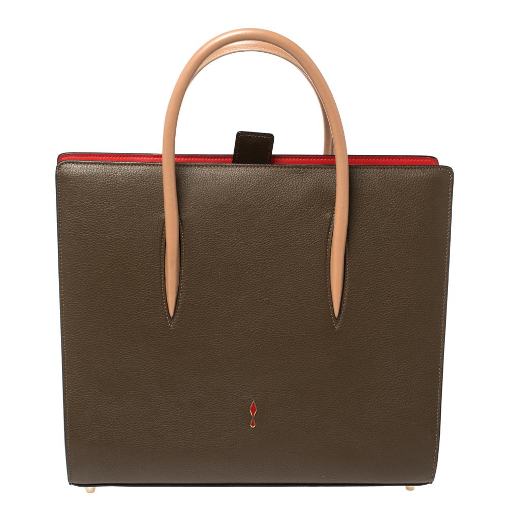 Black Christian Louboutin Khaki Green/Red Leather Paloma Tote