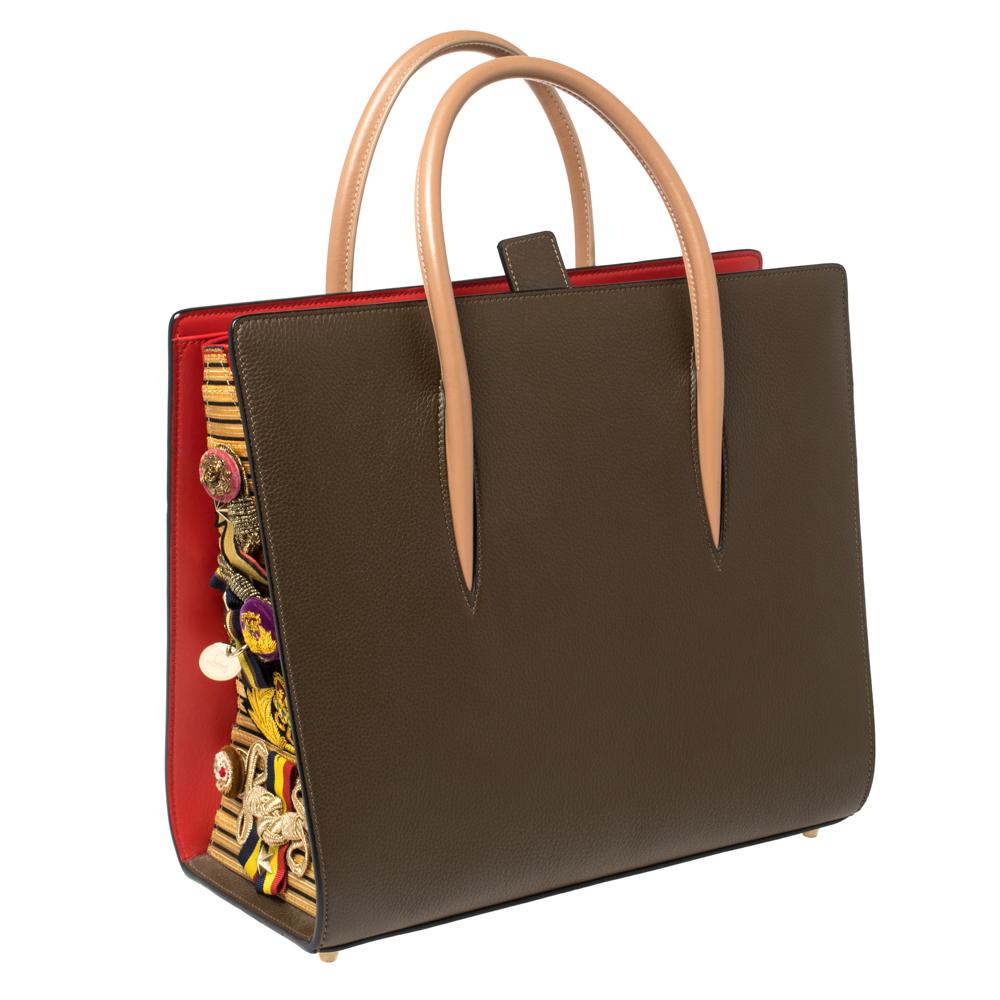 Christian Louboutin Khaki Green/Red Leather Paloma Tote In Good Condition In Dubai, Al Qouz 2