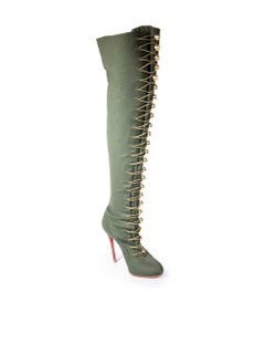 Christian Louboutin Khaki Ronfifi Alta 100 Gold Button Boots Size IT 40