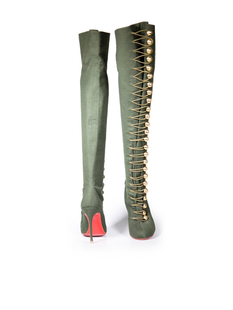 Christian Louboutin Khaki Ronfifi Alta 100 Gold Button Boots Size IT 40 In Good Condition For Sale In London, GB