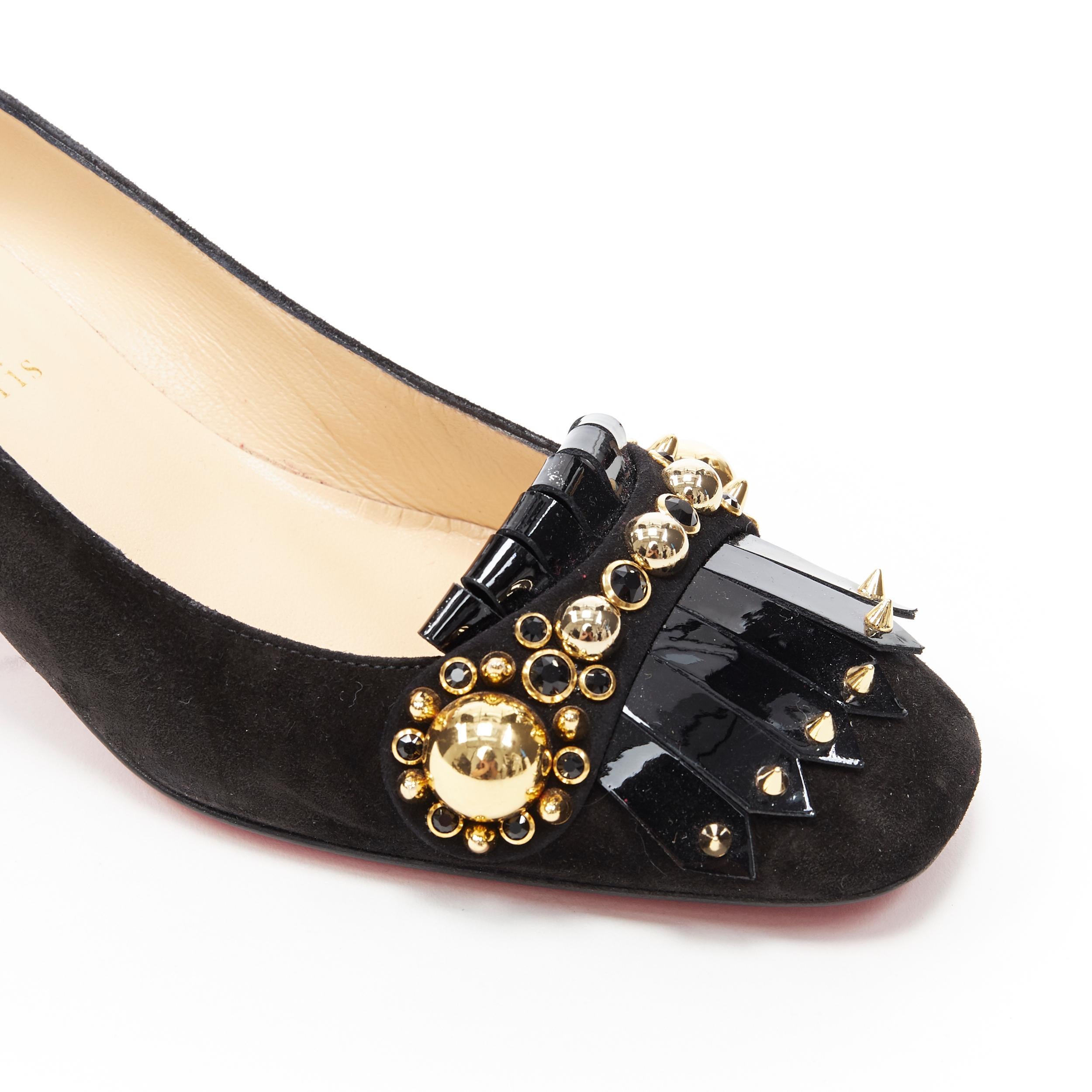 CHRISTIAN LOUBOUTIN Kiltie black suede fringe stud strass block heel EU38.5
Brand: Christian Louboutin
Designer: Christian Louboutin
Model Name / Style: Kiltie 
Material: Suede
Color: Black
Pattern: Solid
Extra Detail: Rounded square toe. Gold-tone
