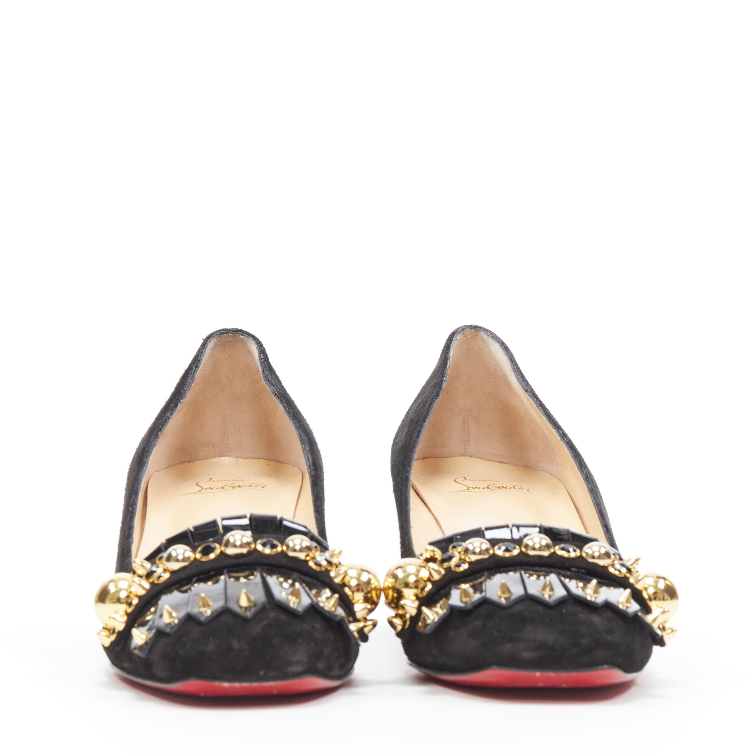 CHRISTIAN LOUBOUTIN Kiltie black suede fringe stud strass block heel EU38.5 In Excellent Condition In Hong Kong, NT