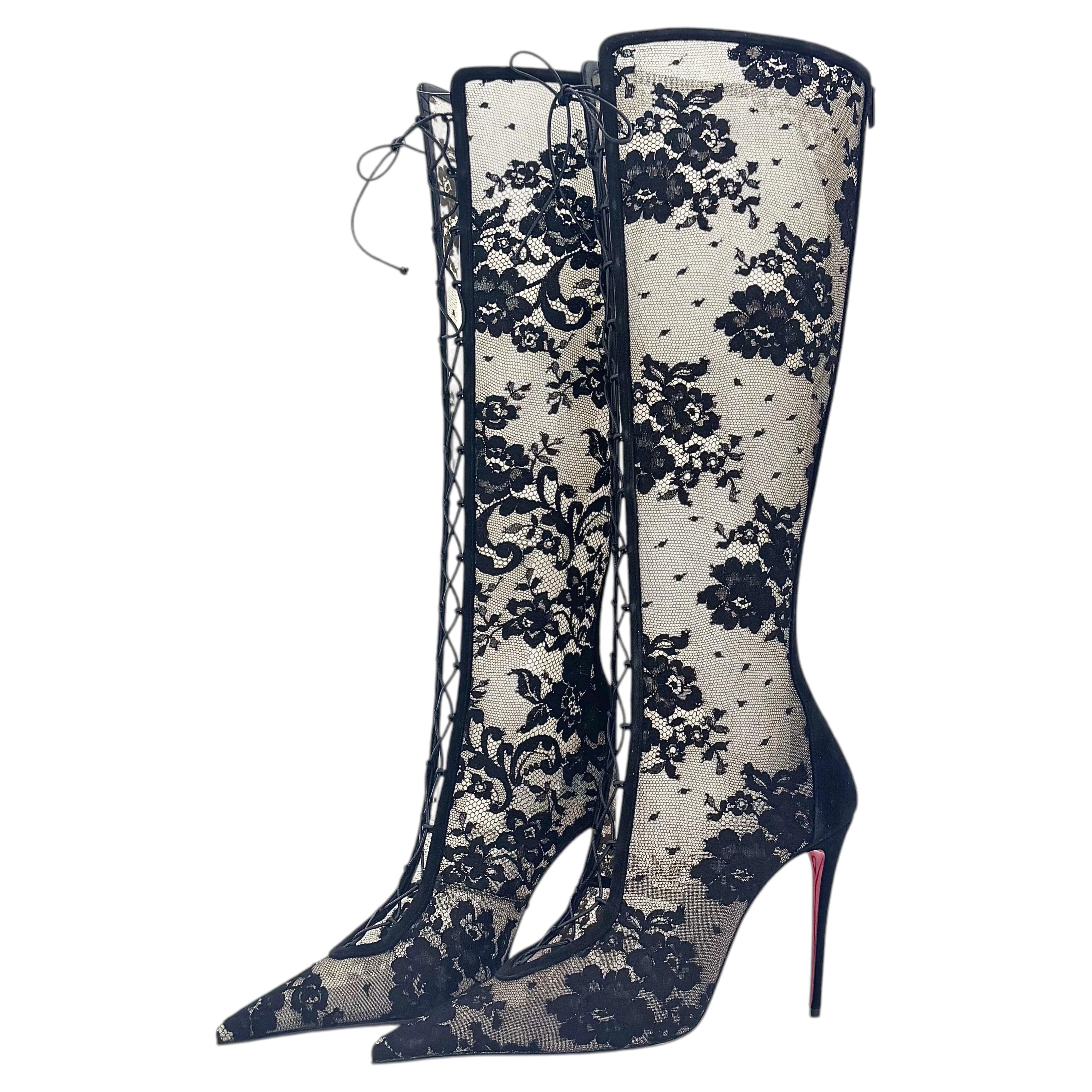 Christian Louboutin KM Lace Botta 100 Pointed Toe Knee High Stiletto Boots 40.5