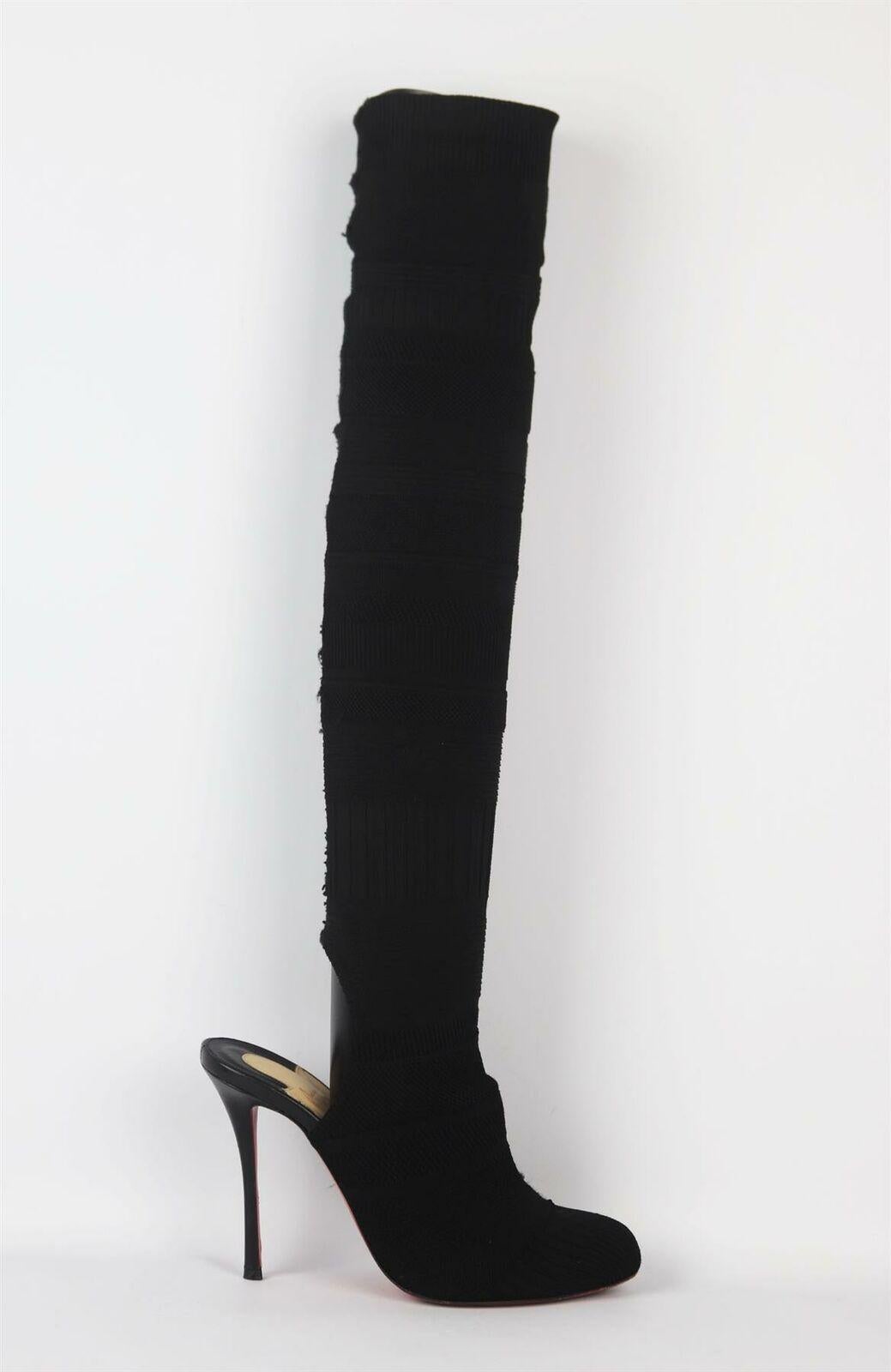 Christian Louboutin understands what it takes to make a woman's foot look amazing, and these knee-high stretch-knit boots are designed for a flattering sock-like fit, this round-toe pair sits on a sky-high 100mm stiletto heel and has a cutout