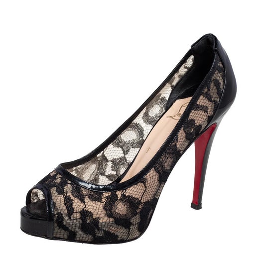 Christian Louboutin Lace And Leather Ambro Pizzo Peep Platform Pumps Size  38.5 at 1stDibs