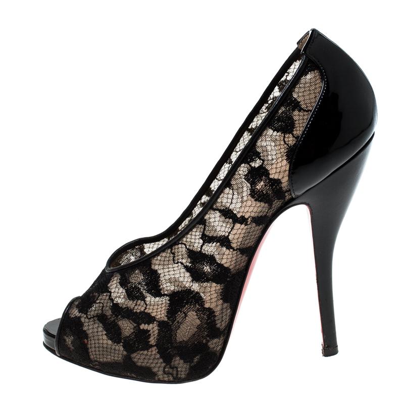 Black Christian Louboutin Lace And Patent Leather Ambro Peep Toe Pumps Size 36.5 For Sale