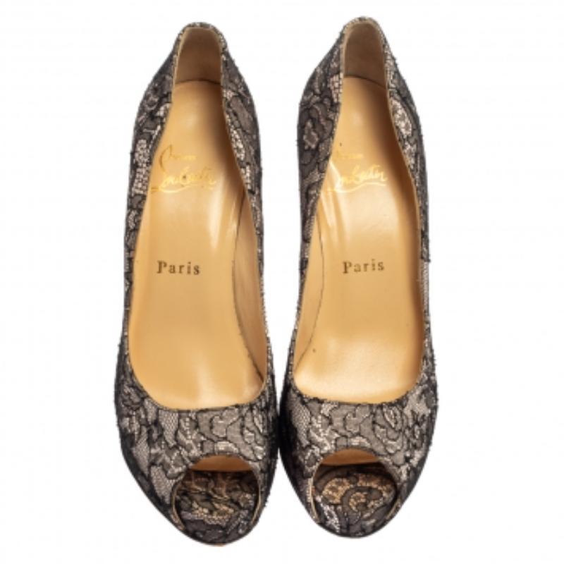 Christian Louboutin Lace And Satin Very Prive Peep Toe Platform Pumps Size 37.5 For Sale 2