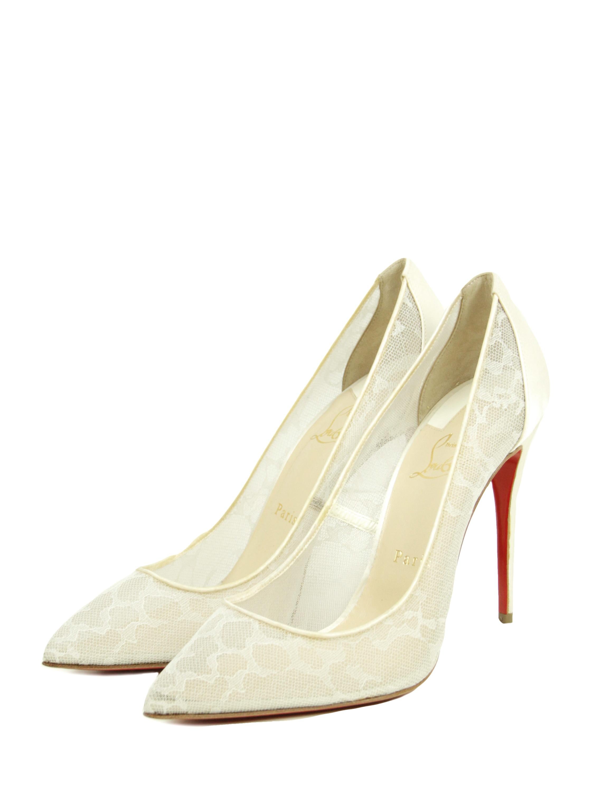 Christian Louboutin Champagne Lace/ Satin Point Toe Pumps sz 39.5

Made In: Italy
Color: Off white
Materials: Lace and satin
Overall Condition: Never worn.  Light stains to back heels from improper storage.  
Includes: Christian Louboutin dust