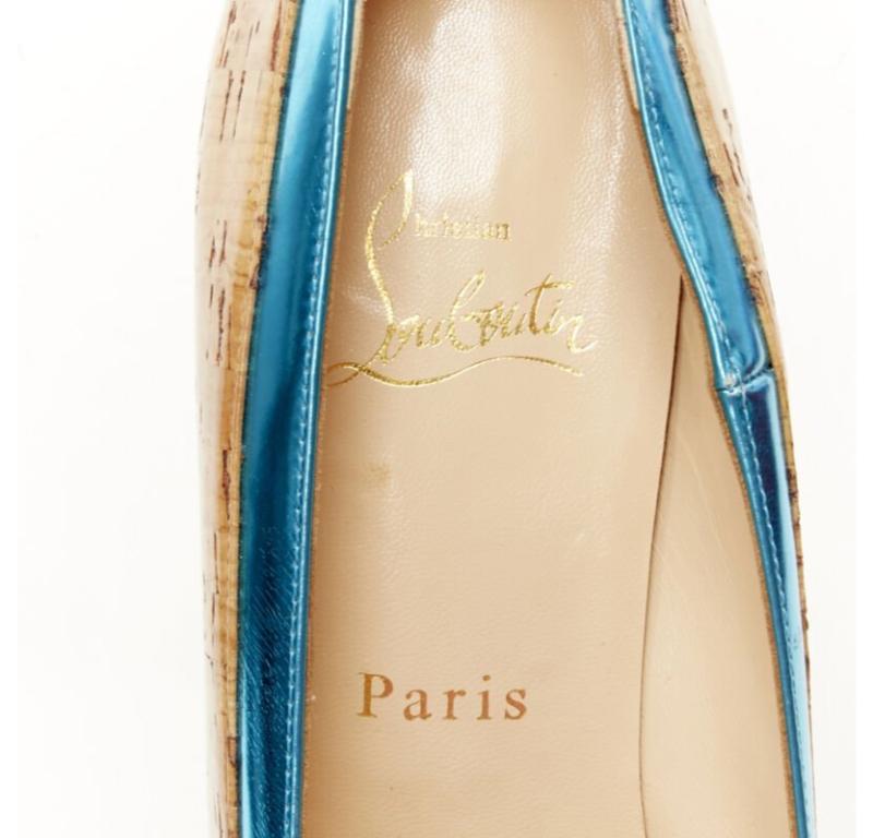 CHRISTIAN LOUBOUTIN laqué marron liège bleu strass plateforme à picots EU36.5 en vente 5