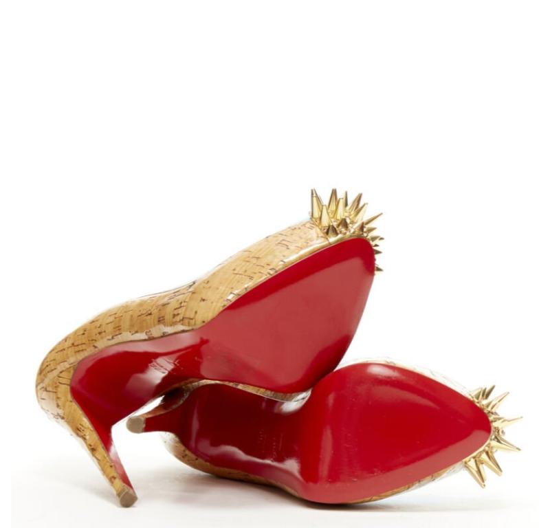 CHRISTIAN LOUBOUTIN laqué marron liège bleu strass plateforme à picots EU36.5 en vente 7