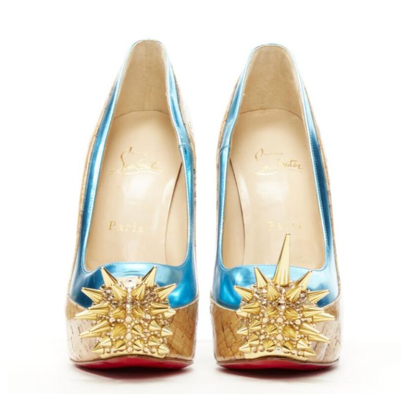 Beige CHRISTIAN LOUBOUTIN laqué marron liège bleu strass plateforme à picots EU36.5 en vente