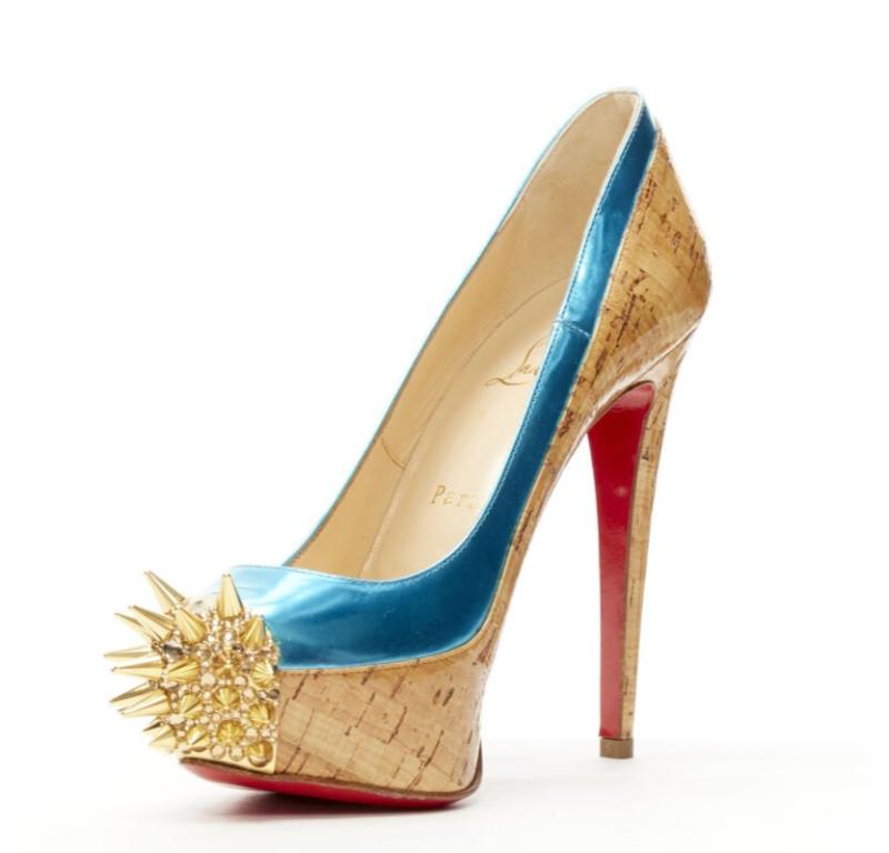 CHRISTIAN LOUBOUTIN laqué marron liège bleu strass plateforme à picots EU36.5 Excellent état - En vente à Hong Kong, NT