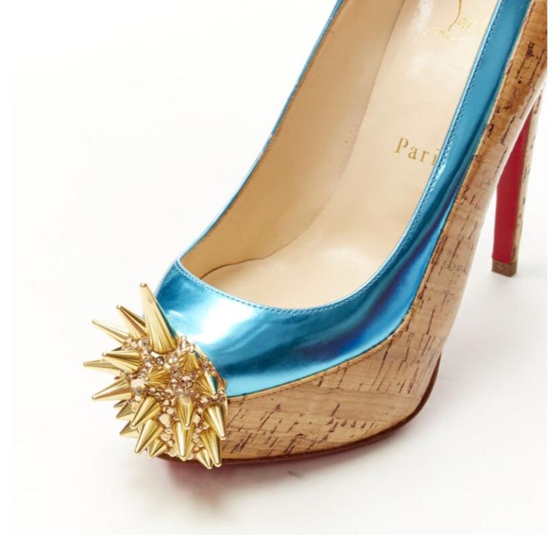 CHRISTIAN LOUBOUTIN laqué marron liège bleu strass plateforme à picots EU36.5 en vente 2