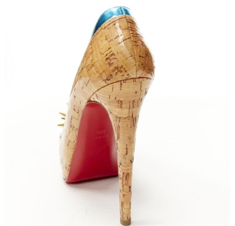 CHRISTIAN LOUBOUTIN laqué marron liège bleu strass plateforme à picots EU36.5 en vente 3