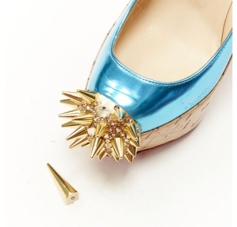 CHRISTIAN LOUBOUTIN laqué marron liège bleu strass plateforme à picots EU36.5 en vente 4