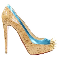 CHRISTIAN LOUBOUTIN lacquered brown cork blue strass spike platform EU36.5