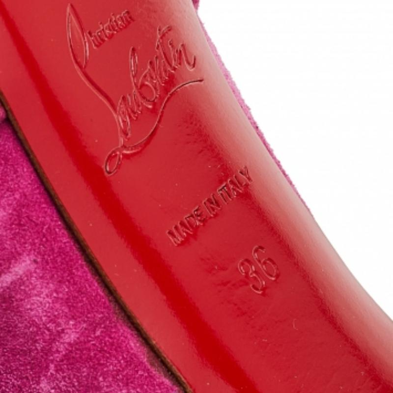 These ravishing pink Lady Gres pumps are a part of the 20th Anniversary Capsule Collection from the much-loved shoe label Christian Louboutin. They are crafted from suede into a peep-toe silhouette and styled with a drape and knot detailing on the