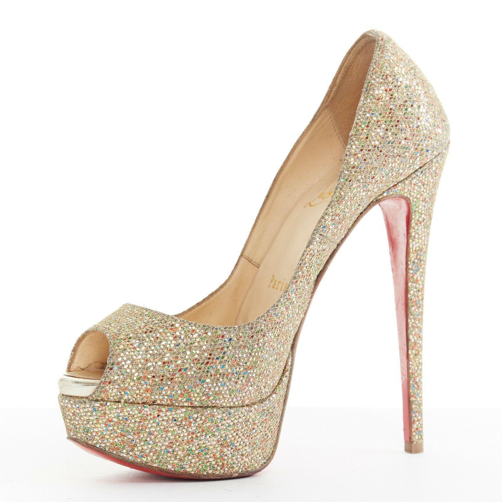 CHRISTIAN LOUBOUTIN Lady Peep 150 gold glitter peep toe platform heels ...