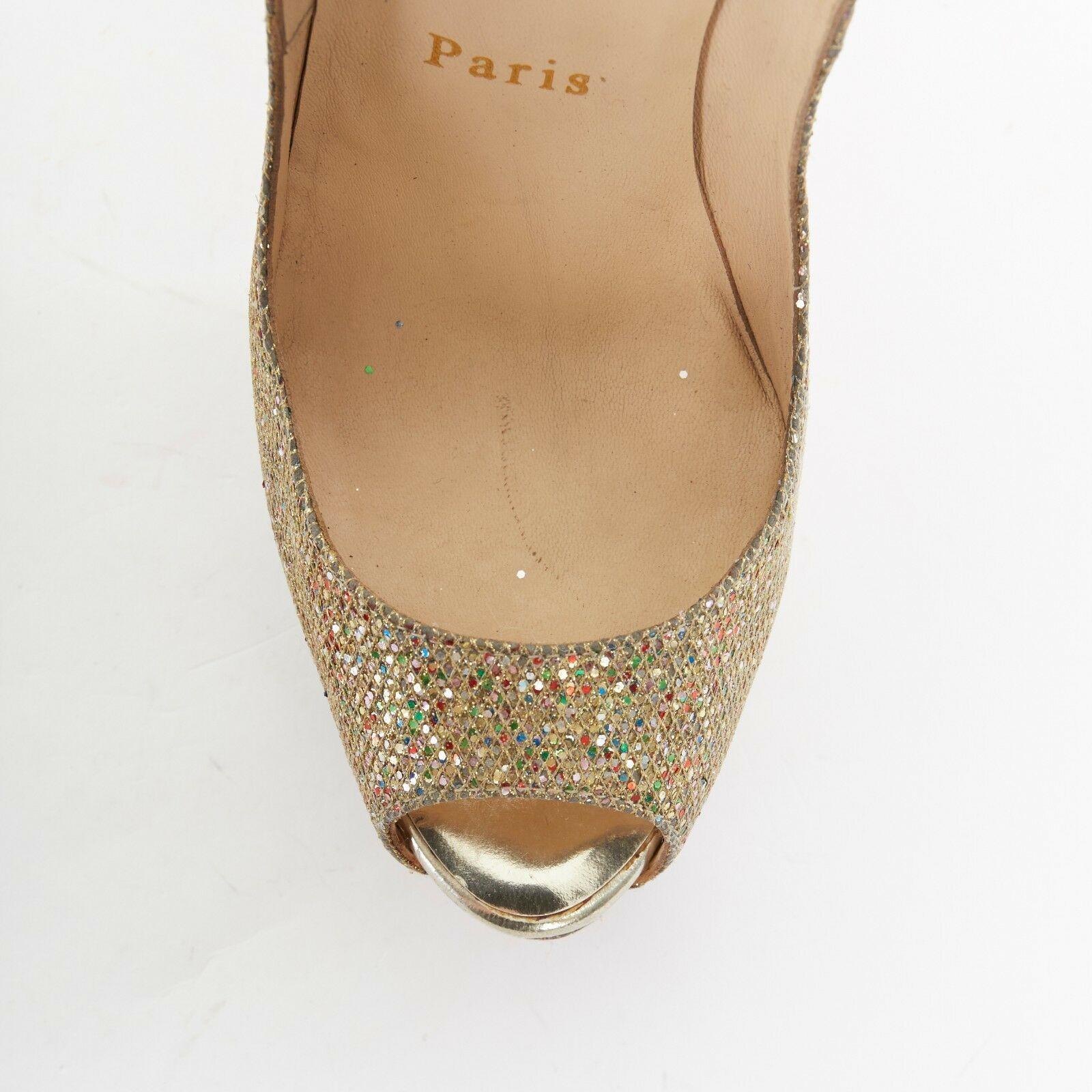 CHRISTIAN LOUBOUTIN Lady Peep 150 gold glitter peep toe platform heels EU36 US6 In Excellent Condition In Hong Kong, NT