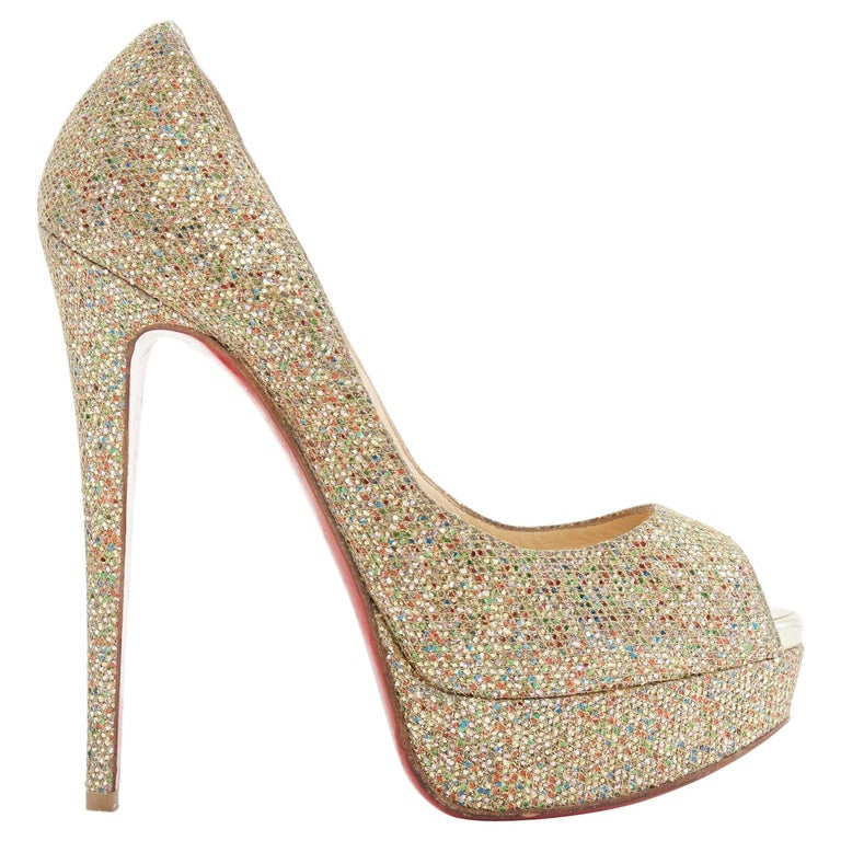 CHRISTIAN LOUBOUTIN Lady Peep 150 gold glitter peep toe platform heels EU36  US6 at 1stDibs | gold peep toe high heels, louboutin gold, christian  louboutin gold