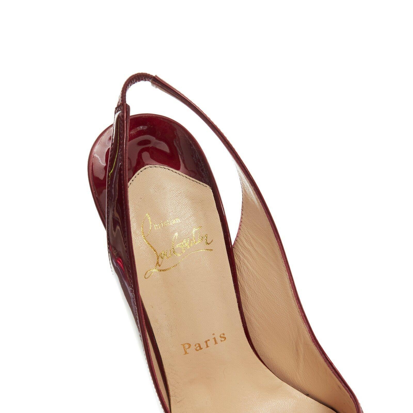 CHRISTIAN LOUBOUTIN Lady Peep Sling 150 dark red patent platform heels EU38 US8 2