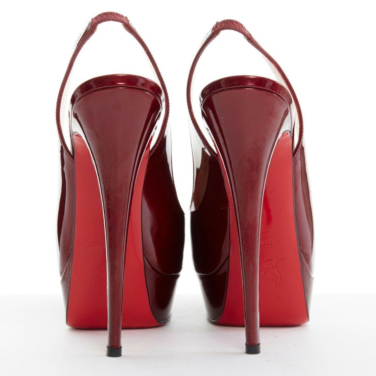 CHRISTIAN LOUBOUTIN Lady Peep Sling 150 dark red patent platform heels ...