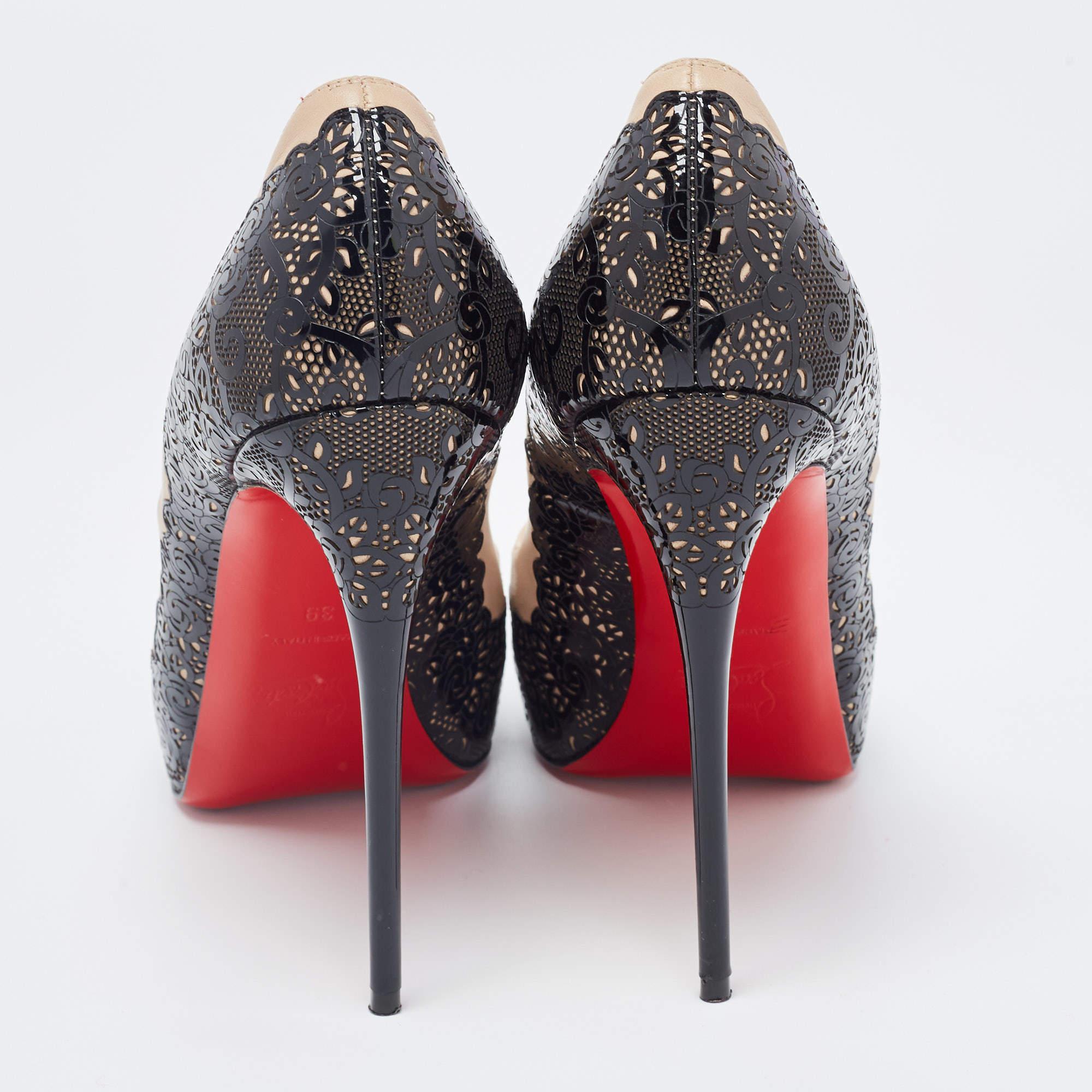 Black Christian Louboutin Laser Cut and Leather Veramucha Peep Toe Pumps Size 39 For Sale