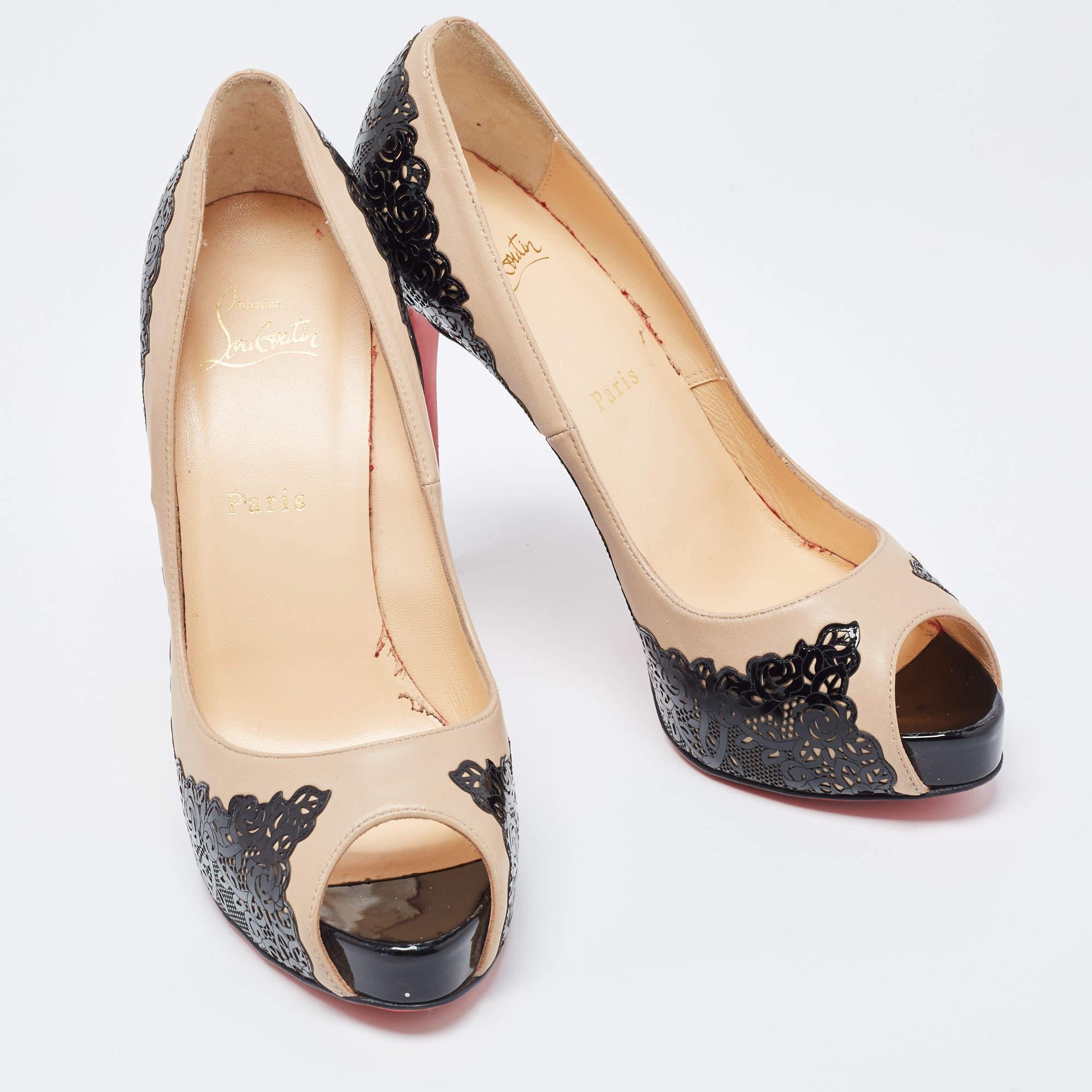 Women's Christian Louboutin Laser Cut and Leather Veramucha Peep Toe Pumps Size 39 For Sale