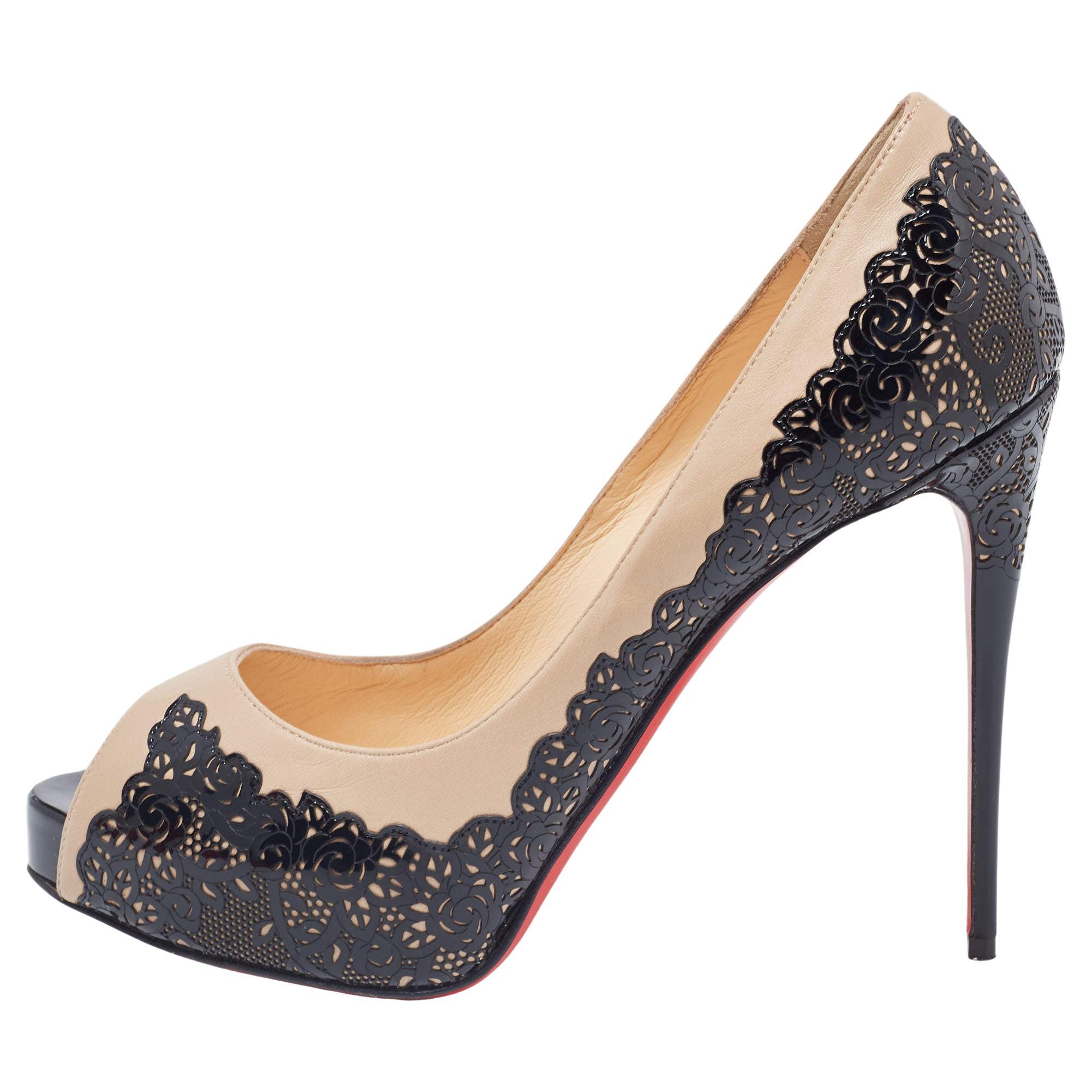 Christian Louboutin Laser Cut and Leather Veramucha Peep Toe Pumps Size 39 For Sale