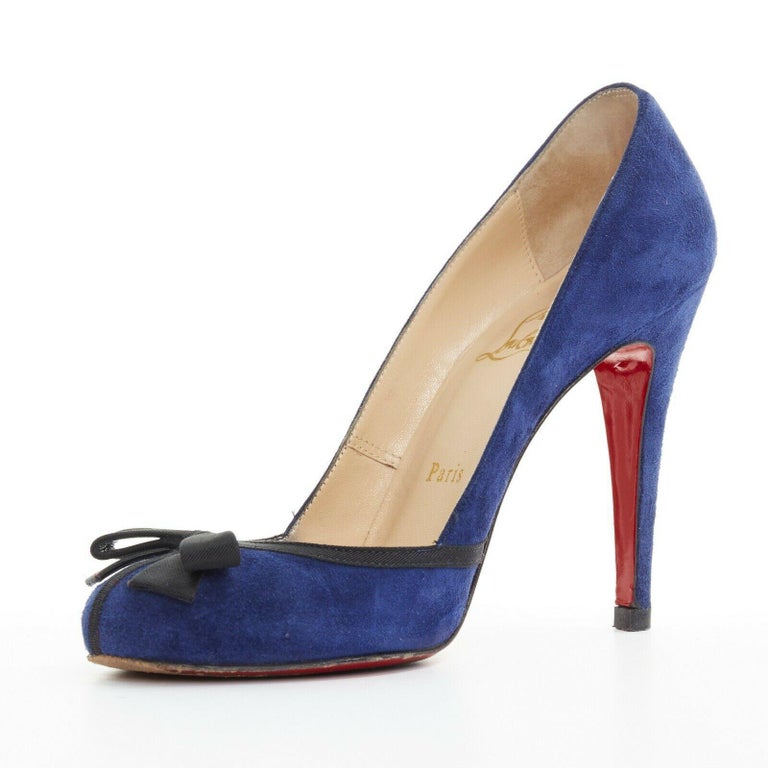 CHRISTIAN LOUBOUTIN Lavalliere 100 blue suede bow detail round toe pump ...