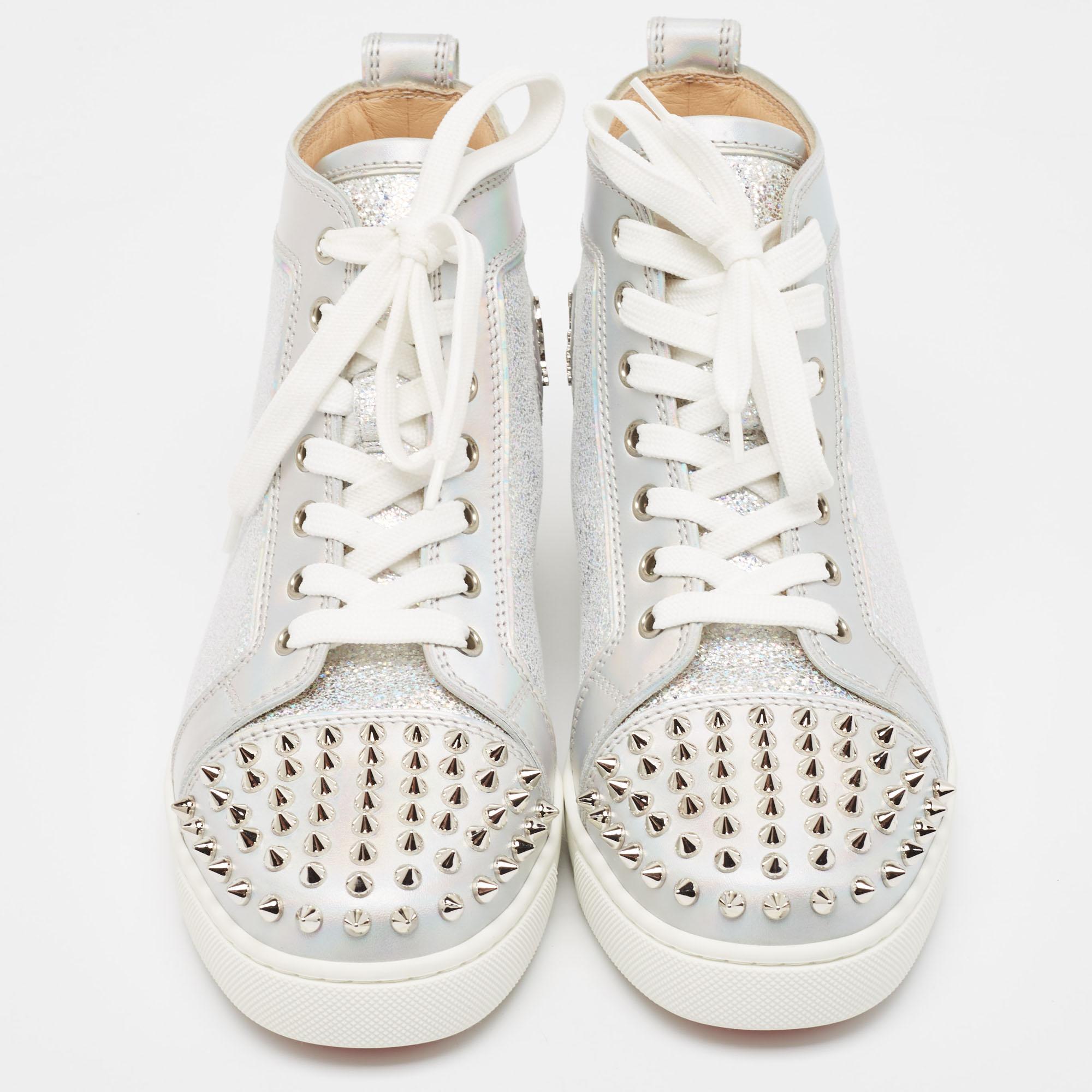 Women's Christian Louboutin Leather and Glitter Suede Lou Spikes Sneakers Size 39 For Sale
