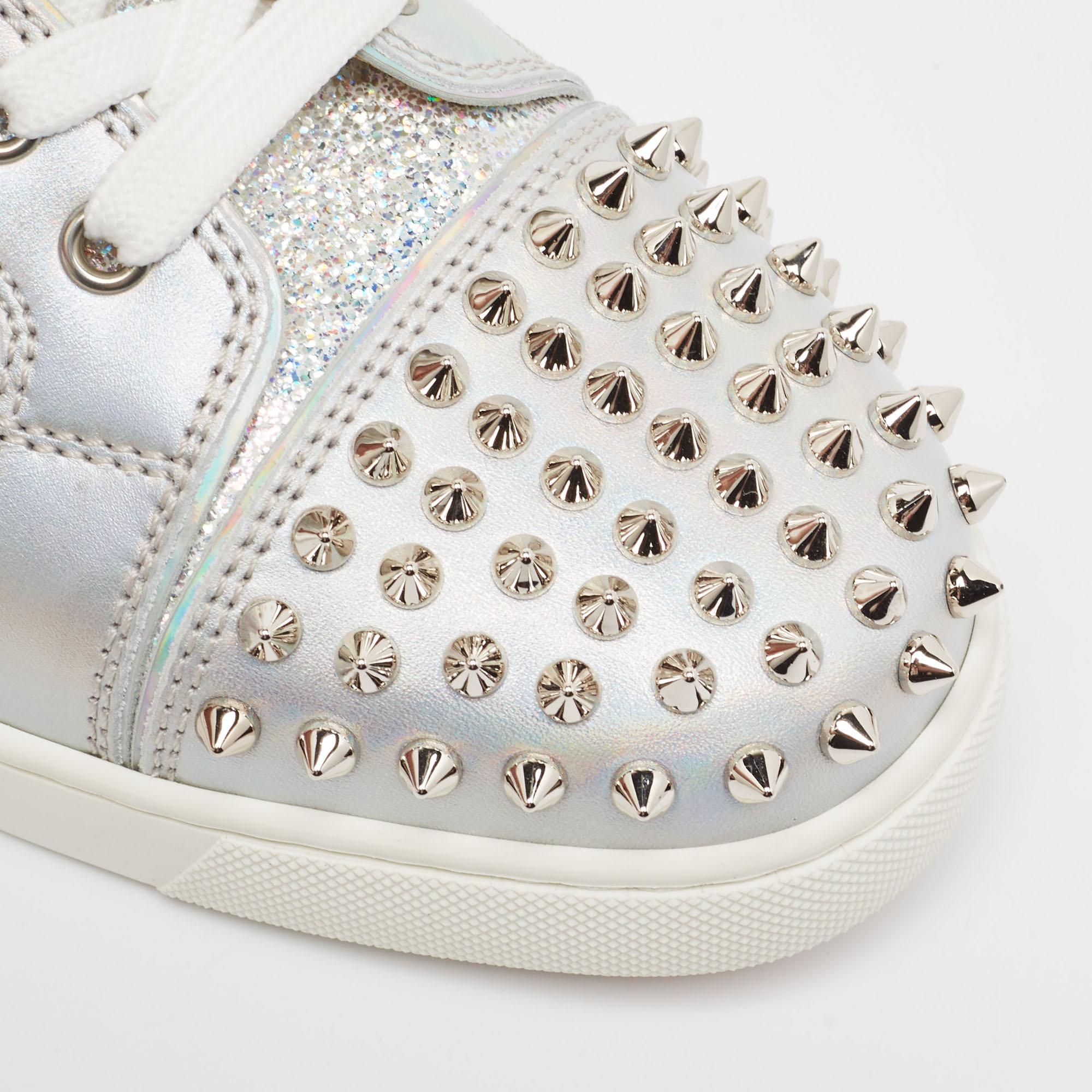 Christian Louboutin Leather and Glitter Suede Lou Spikes Sneakers Size 39 For Sale 3