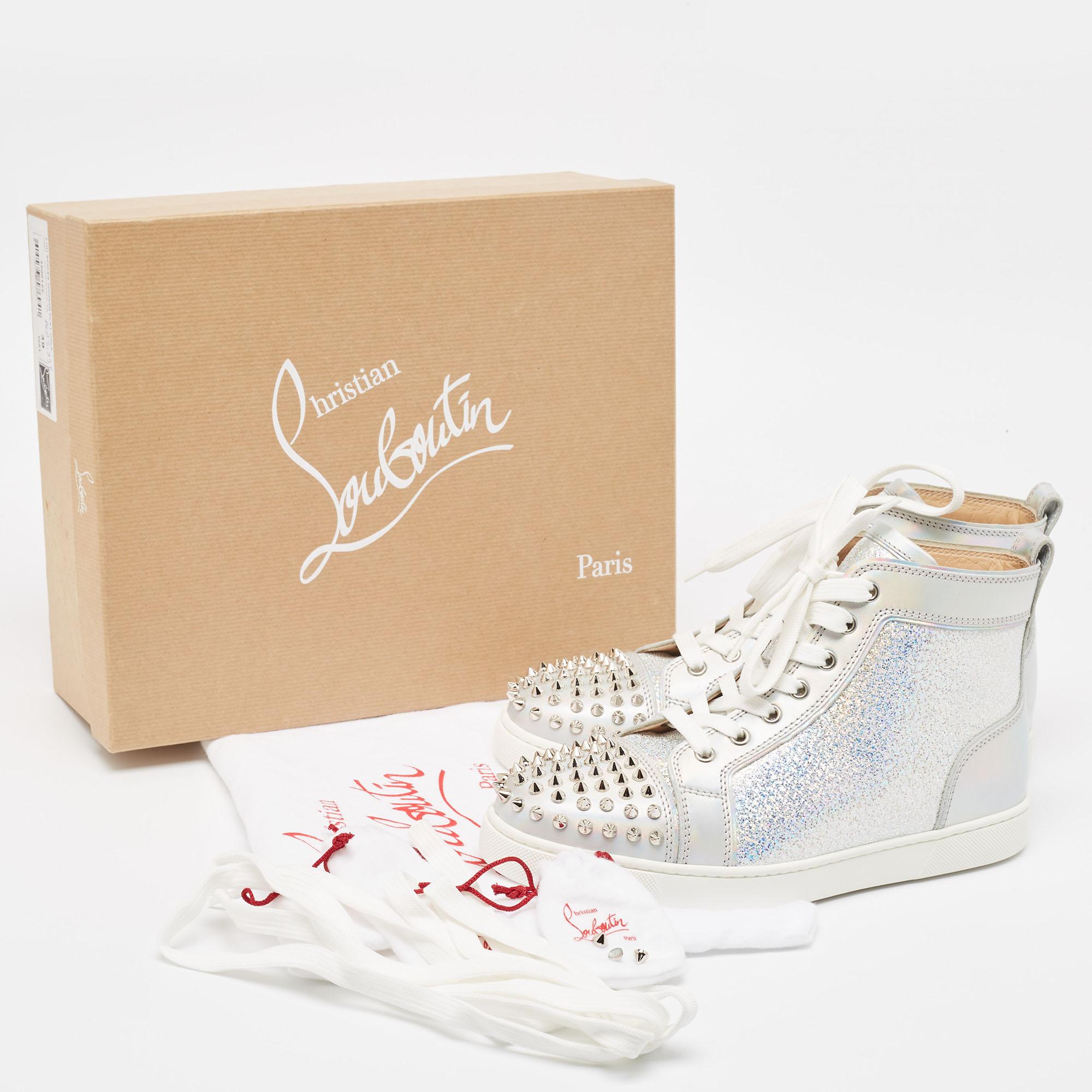Christian Louboutin Leather and Glitter Suede Lou Spikes Sneakers Size 39 For Sale 5