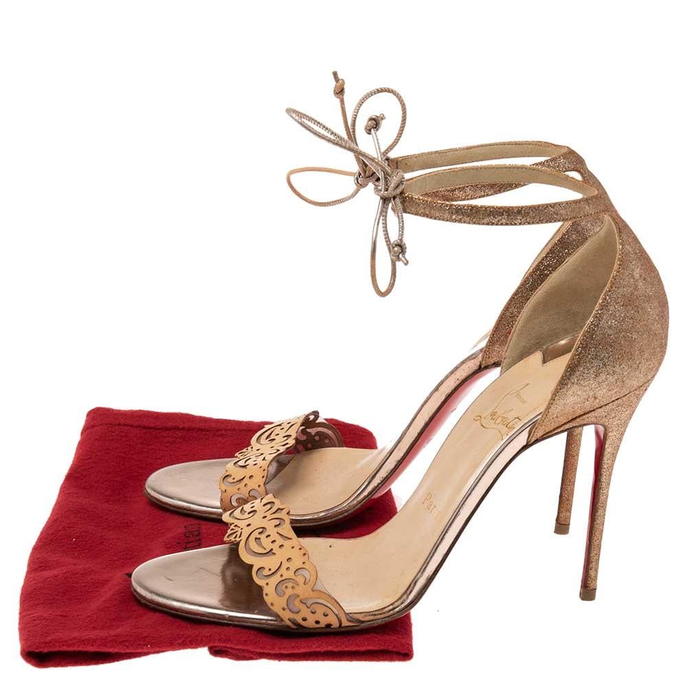 Christian Louboutin Leather and Gold Glitter Valnina Ankle-Tie Sandals Size 39 In Good Condition In Dubai, Al Qouz 2