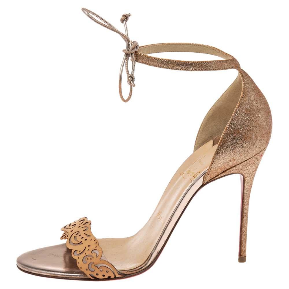 Women's Christian Louboutin Leather and Gold Glitter Valnina Ankle-Tie Sandals Size 39
