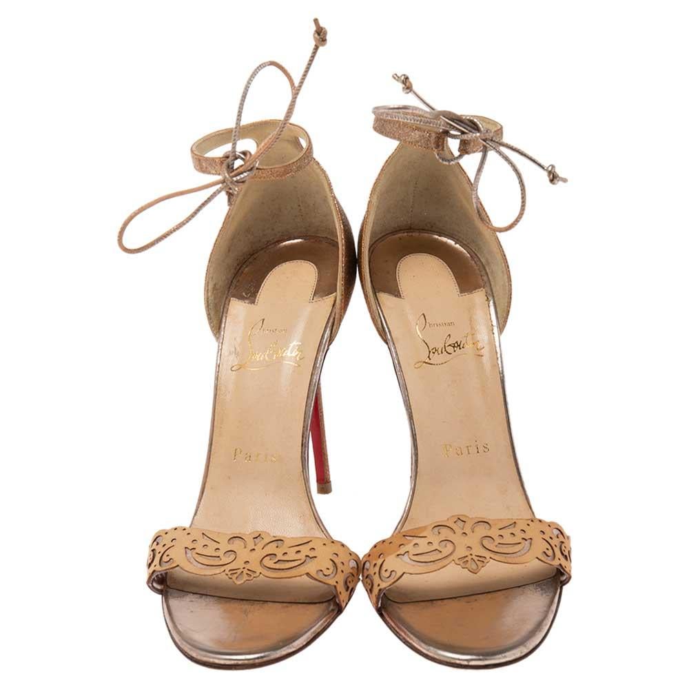 Christian Louboutin Leather and Gold Glitter Valnina Ankle-Tie Sandals Size 39 1