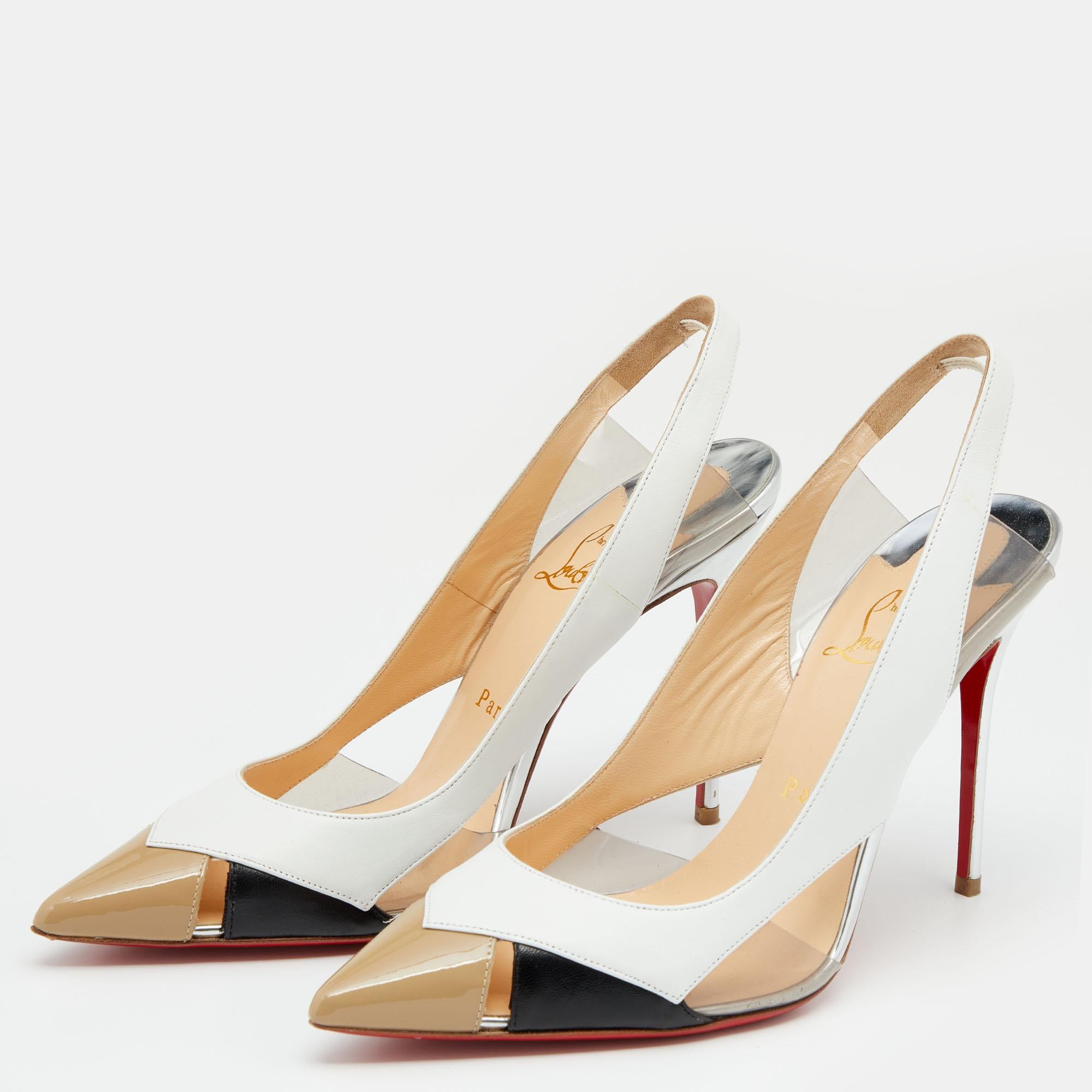 These pumps from the house of Christian Louboutin are great for any occasion. They feature a sharp pointed toe, clear PVC panels on the sides, and covered heels. They come with a labeled insole and the signature red sole that makes this exquisite