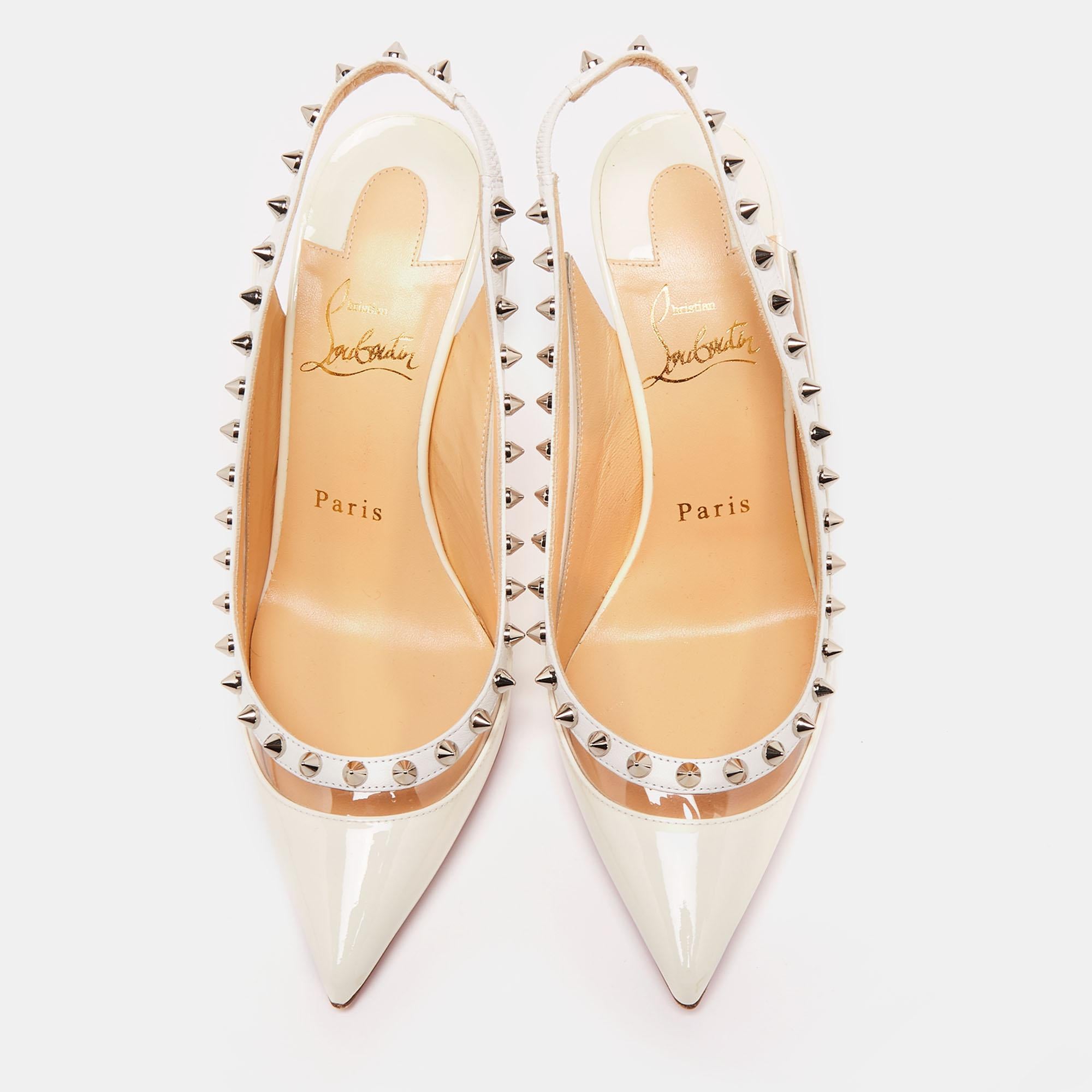 Christian Louboutin Leather and PVC Brigandine Spike Slingback Pumps Size 36 In Good Condition In Dubai, Al Qouz 2