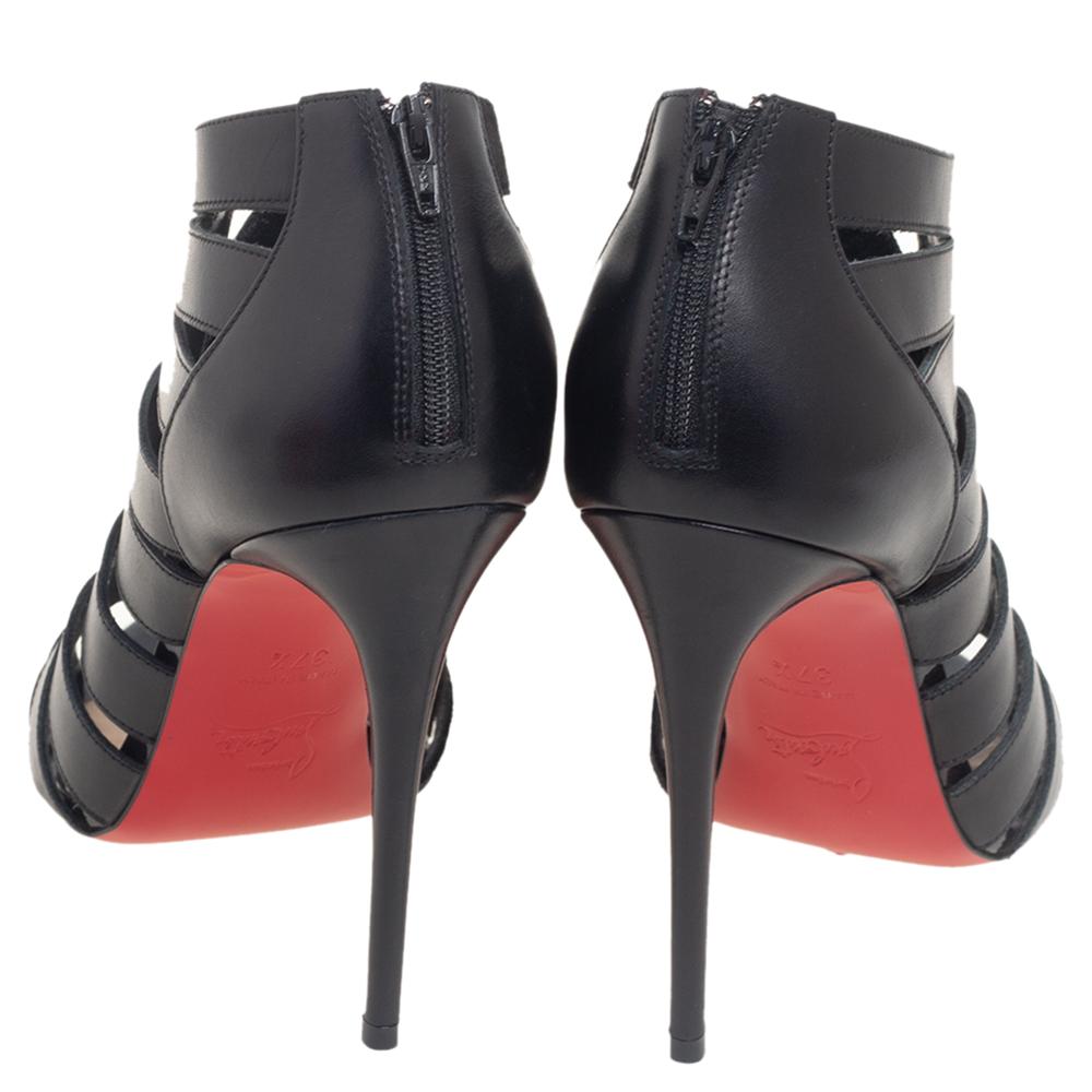 Black Christian Louboutin Leather And Suede Cut-Out Open Toe Ankle Booties Size 37.5