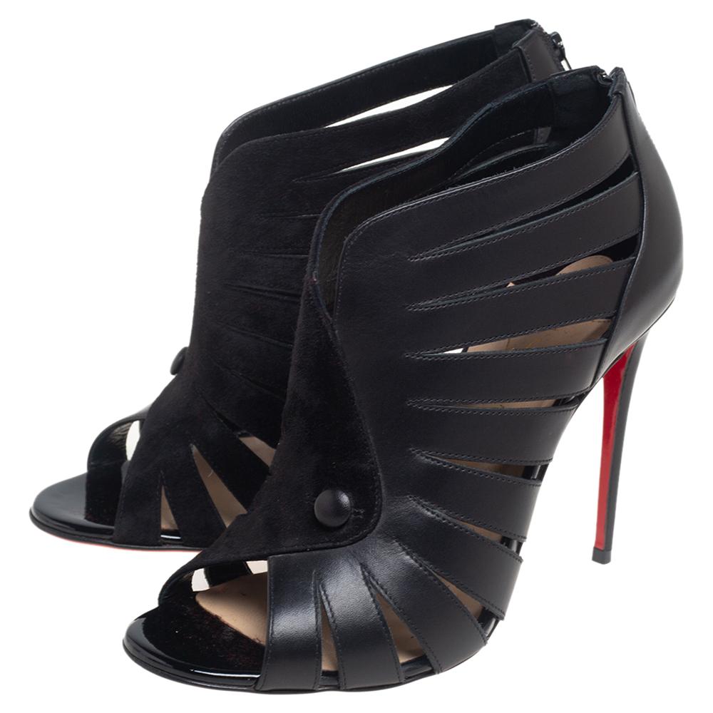 Christian Louboutin Leather And Suede Cut-Out Open Toe Ankle Booties Size 37.5 1