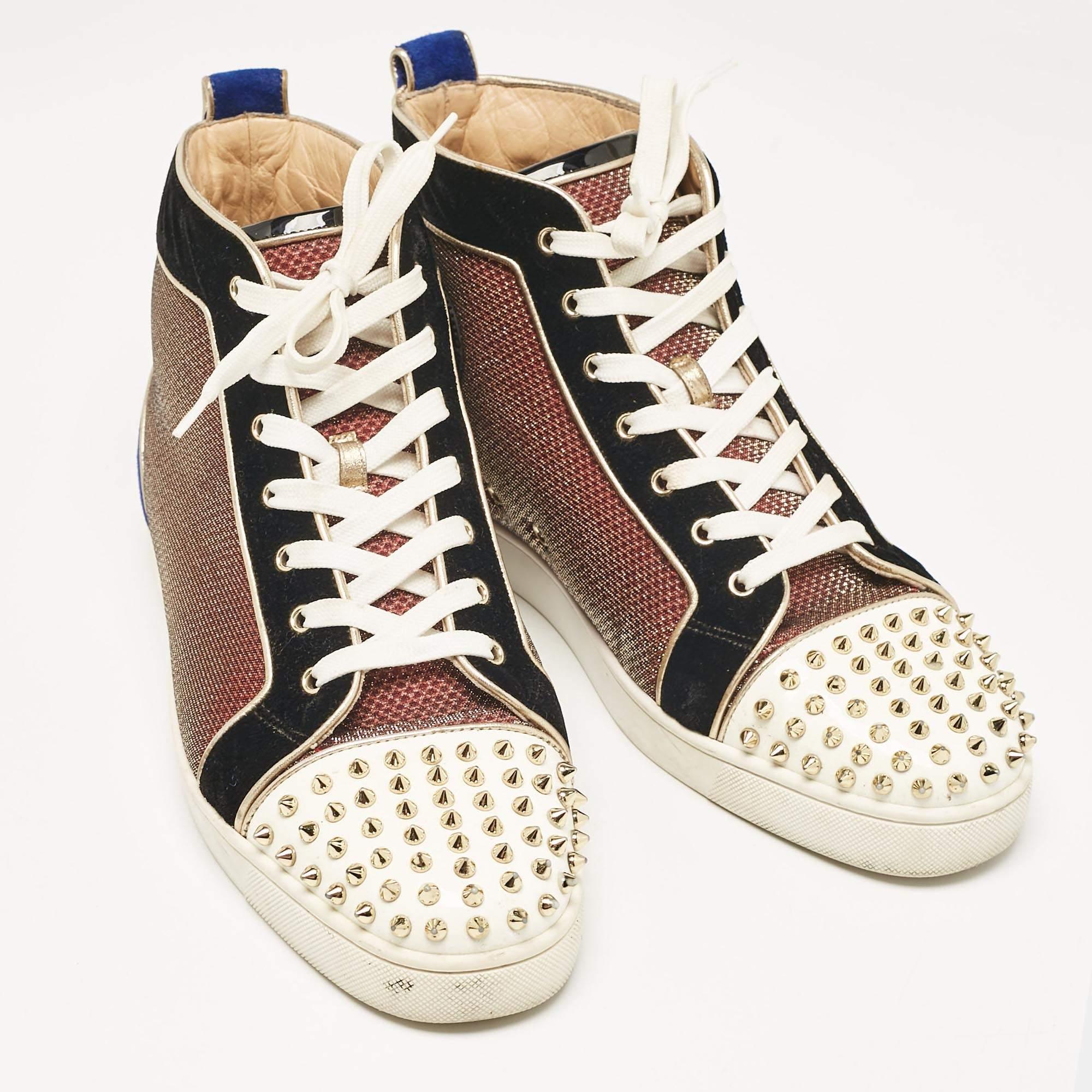 Christian Louboutin Leather and Suede Lou Spikes High Top Sneakers Size 46 In Good Condition In Dubai, Al Qouz 2